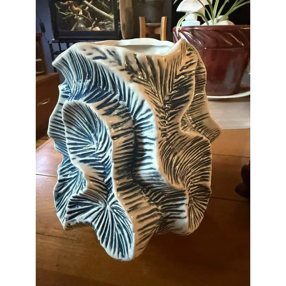 Bloomingville Sculptural Blue & White Ceramic Leaf Vase